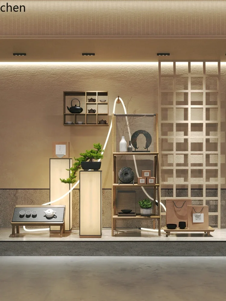 YFY  Tea Shop Window Illuminated Display Tea Set Ladder Display Rack Mall Center