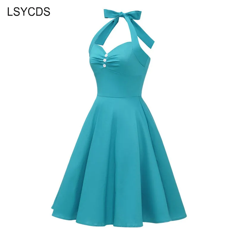 LSYCDS Sexy Backless Women Dresses Summer Sleeveless Solid Blue Halter Neck Dating Party Dress Pinup Swing 50s Vintage Dresses