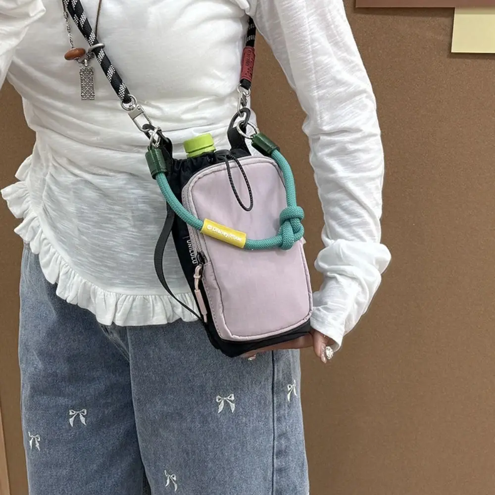 حقيبة كتف رياضية من النايلون، حبل نايلون، حقيبة عملات معدنية برباط، حقيبة كروس على الطراز الكوري، لون سادة، حزمة الهاتف المحمول في الهواء الطلق