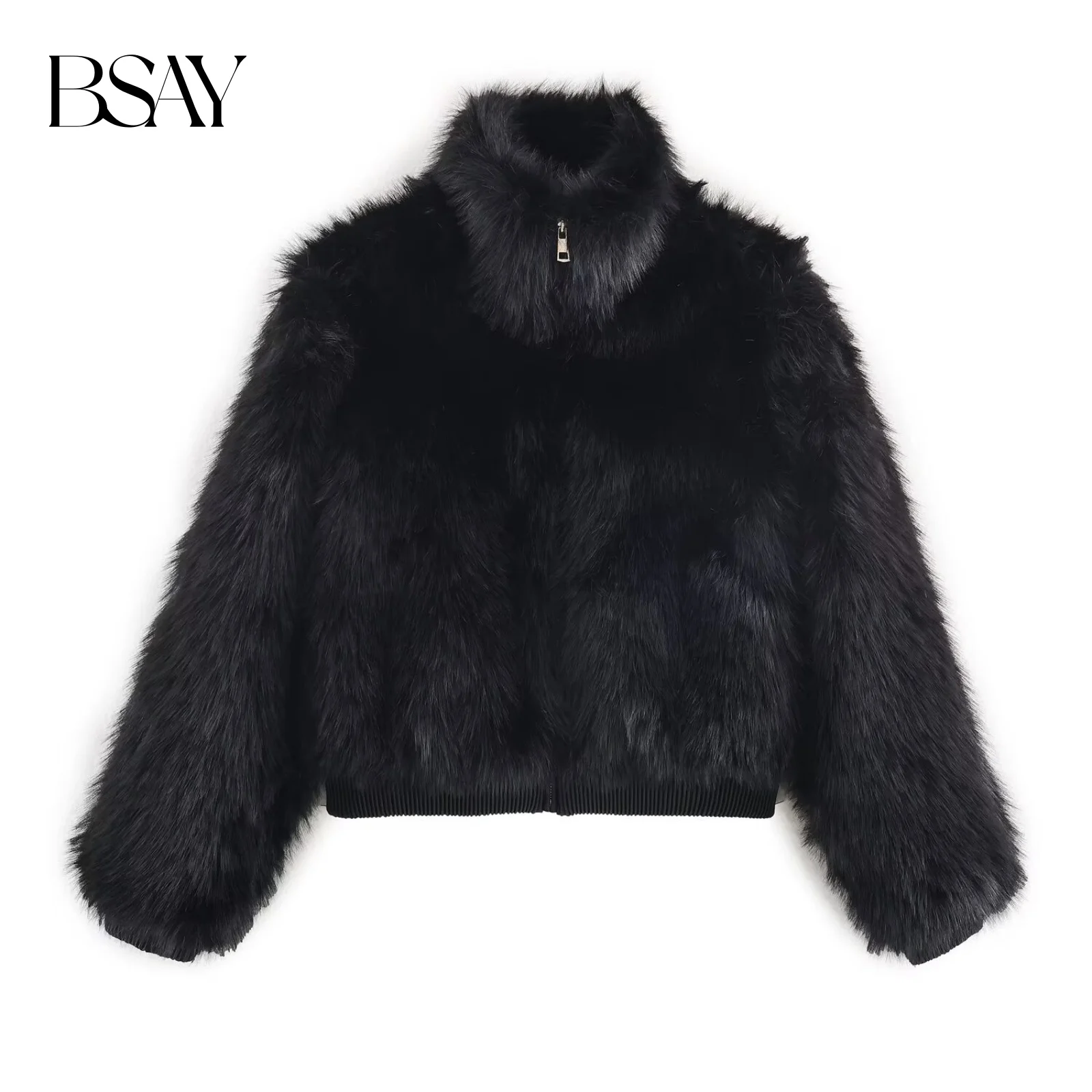 BSAY Künstliche Pelz Stehkragen Mantel für Frauen Mode Herbst Winter Neue Einfarbig Langarm Zip Kurze Jacken Mantel