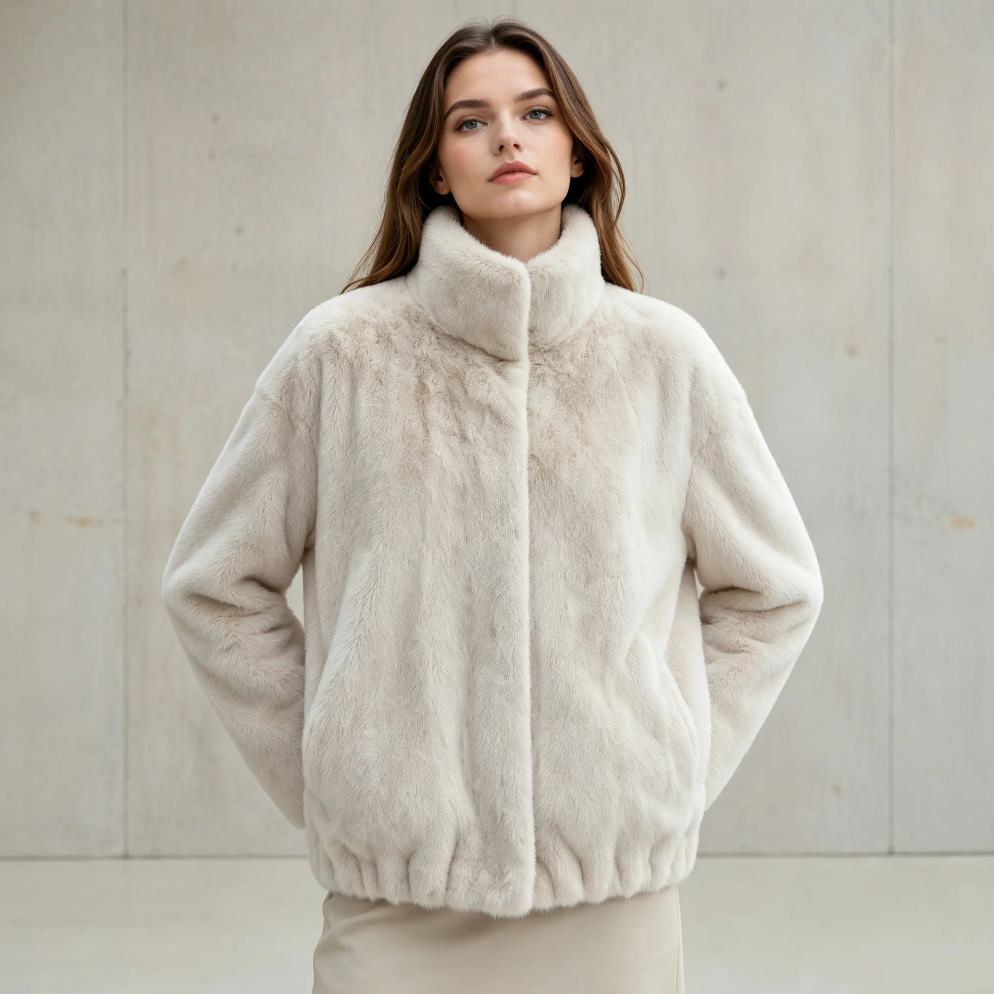 RU Women Faux Fur Short Jacket High Stand Collar Loose Plush Warm Outerwear For Autumn Winter Daily Elegant Outfit