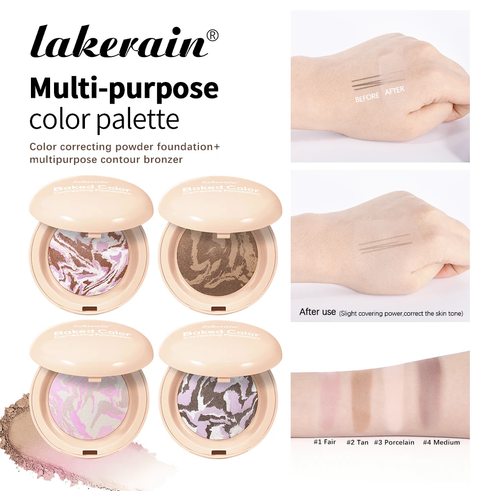 Lakerain Baked Color Correcting Foundation Long-Lasting Slight Covering Power Multi-Functional Setting Powder Facial Makeup