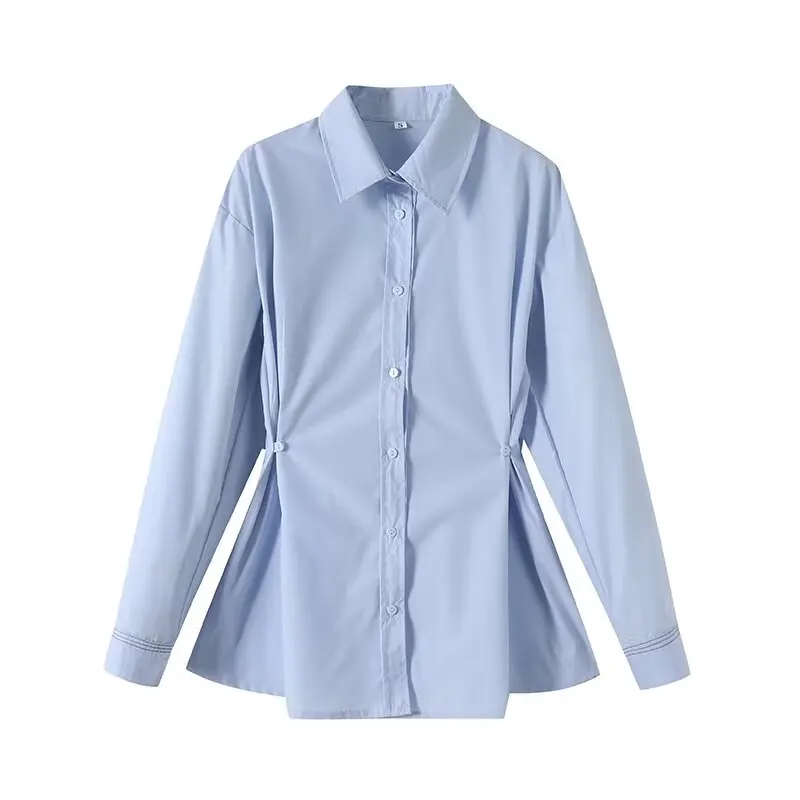 

Женская рубашка 2026: Новая модная приталенная модель с воротником, длинным рукавом, пуговицами на талии, повседневная, в стиле ретро, универсальная