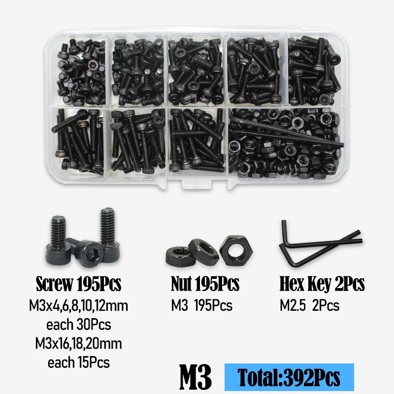 2500p schwarzer Stahl-Innensechskant-Rundkopfschrauben-Set M2 M3 M4 M5 M6 Güteklasse 12.9 DIN912 Inbus-Schrauben Muttern Unterlegscheiben-Sortiment-Set – Detail 15