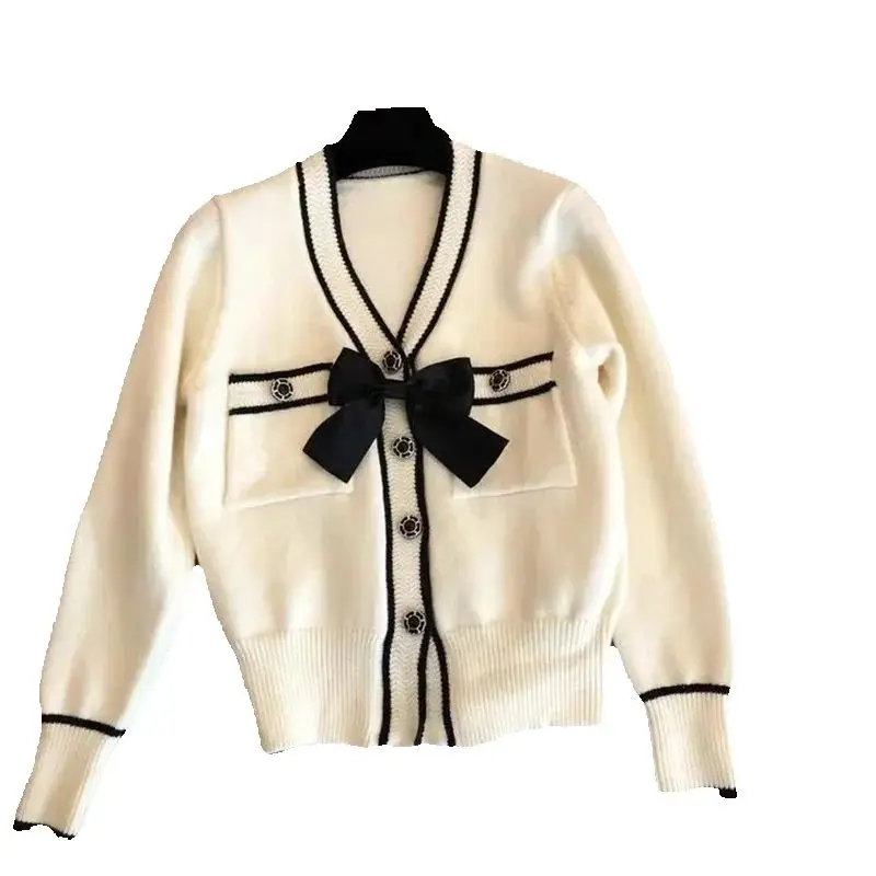 

Autumn Winter V-Neck Cardigan Sweater Women2024 New Fashion Loose Casual Knitwear Bowknot Pure Colour button Outerwear Female