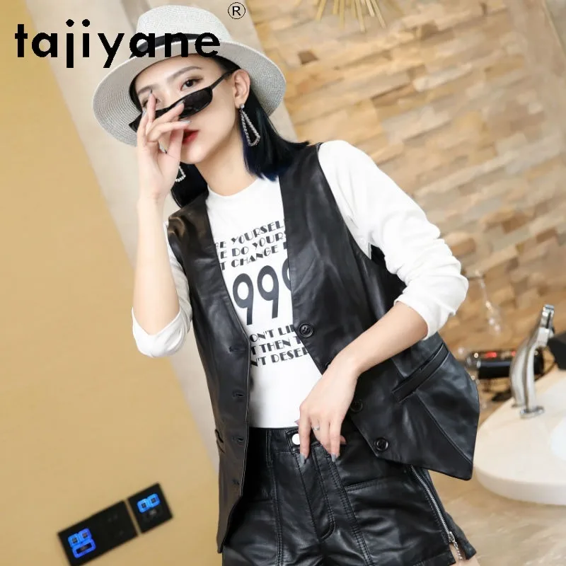TAJIYANE Short Sheepskin Leather Vest Solid Genuine Leather Jackets for Woman V-neck Waistcoat Sleeveless Slim Fit Vestes Femmes