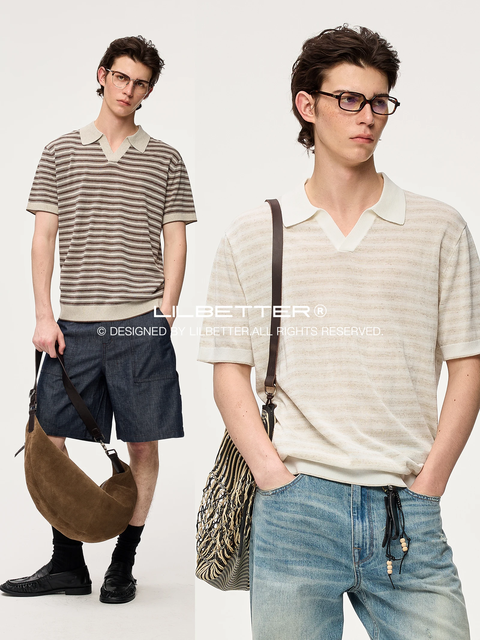 Lilbetter Men's  Shirt V-Neck Short Sleeve Breathable Linen Texture Slim Stripe Summer Fashion Casual T-Shirt