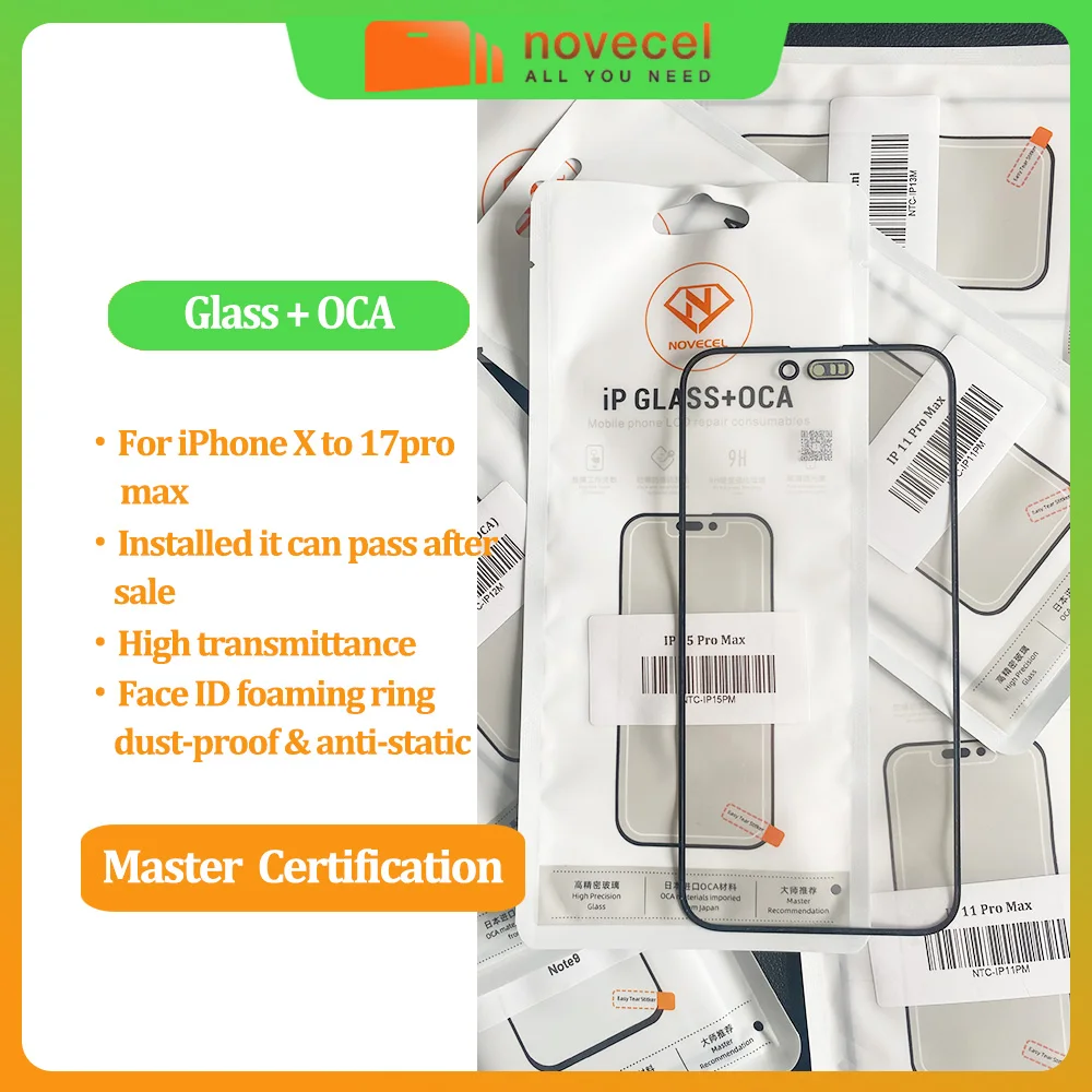 

Novecel 10pc 1:1 Ori Front Screen Outer Glass With OCA For Apple 17 Pro Max 17air Air 16 15 14 13 12 11 Xs Touch Panel Repair
