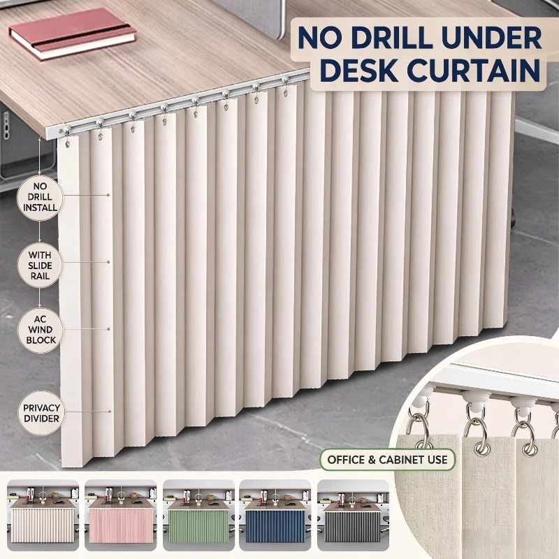No Drill Under Desk Privacy Curtain with Slide Rail AC Wind Blocking Fabric Drape Computer Divider Desk Skirt For Office Cabinet