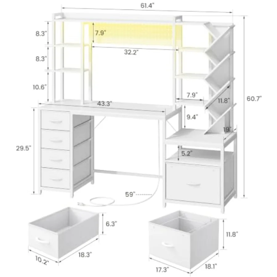 61.4 Computer Desk with Bookshelf, 5 Drawers, Hutch, Outlet and LED Light for Home Office Engineered Wood, White Space-Saving a