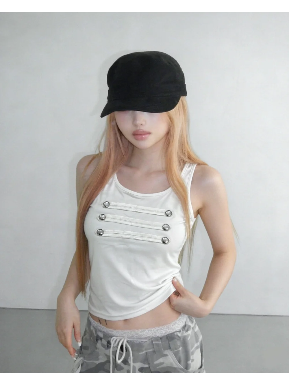 New Summer Punk Subculture Metal Round Hot Brick Ribbon Decorative Tank Top Spicy Girl Top Street Trendy Casual Versatile Ins