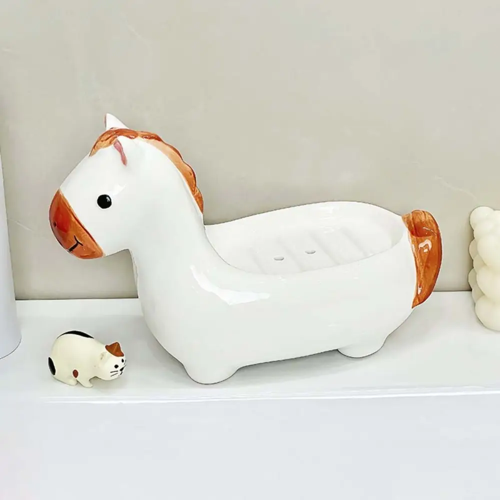 

Cute Horse Soap Dish Drainable Soap Box Self Draining Soap Holder Ceramic Soap Container Bathroom Decor Organizer Household