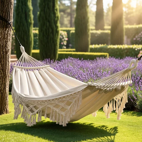 Bohemian Double Hammock for 2 Person, Red White Striped Pattern with Tassels, Heavy Duty Rope Outdoor Hammock with Carry Bag