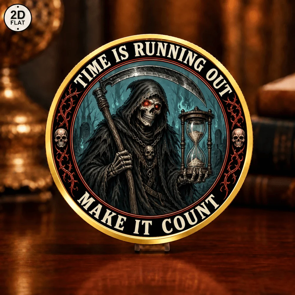 1pc Gothic Grim Reaper & Poker Skeleton Commemorative Coin Time Is Running Out 2D Challenge Coin Holiday Gift for Poker Players
