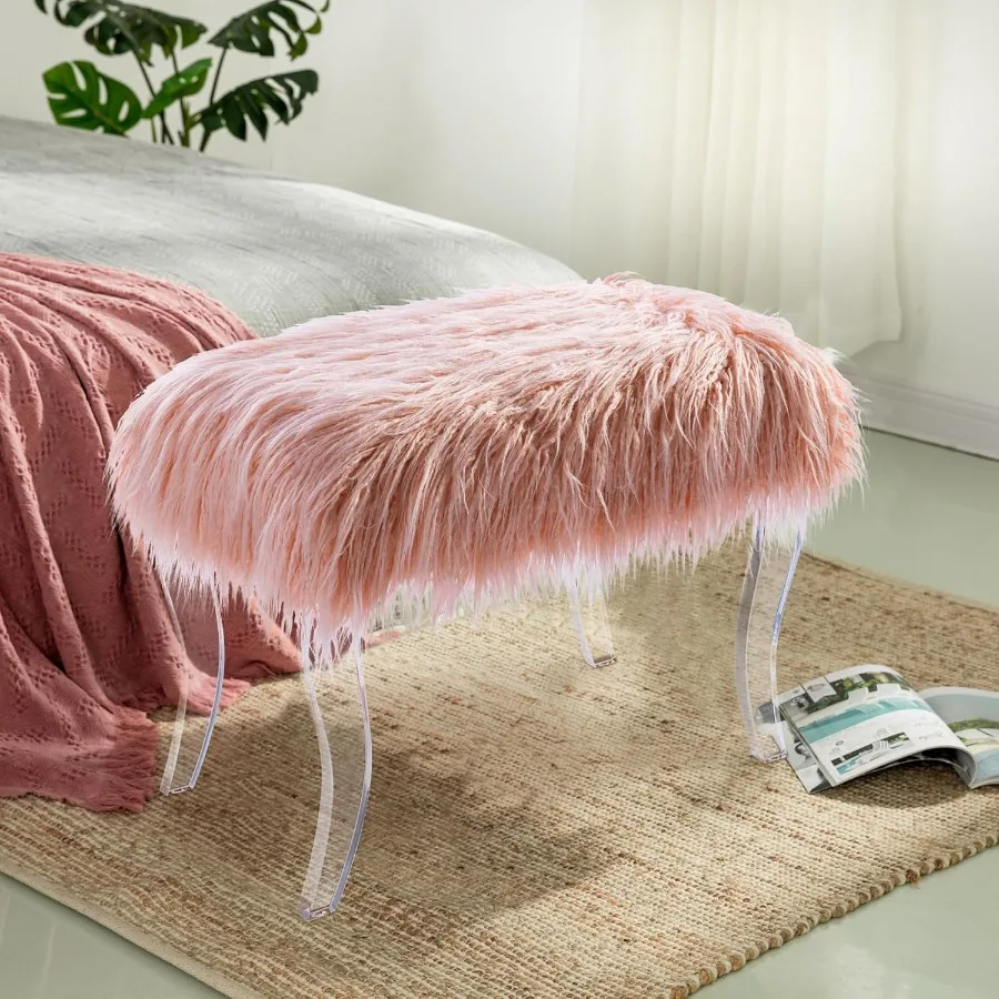 

Pink Faux Fur Ottoman Bench Modern Ottoman Footrest Stool Vanity Stool with Acrylic Legs Moderccent Bench for Entryway Living R