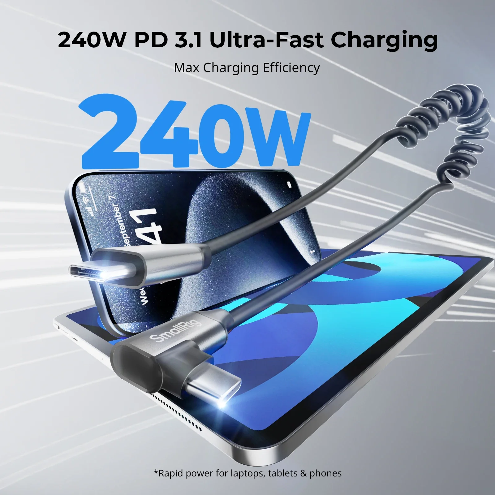 SmallRig Coiled Data Cable for USB-C Adapter Straight to Angled PD 3.1 240W Ultra-Fast Charging for USB 2.0 for USB PD 3.1 -5730