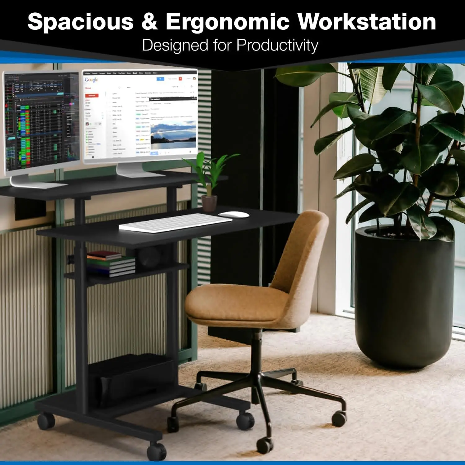 40フィートのローリングコンピュータデスク、高さ64フィートまで調節可能、マルチレベルの棚付きの座って立つワークステーション、ブラック