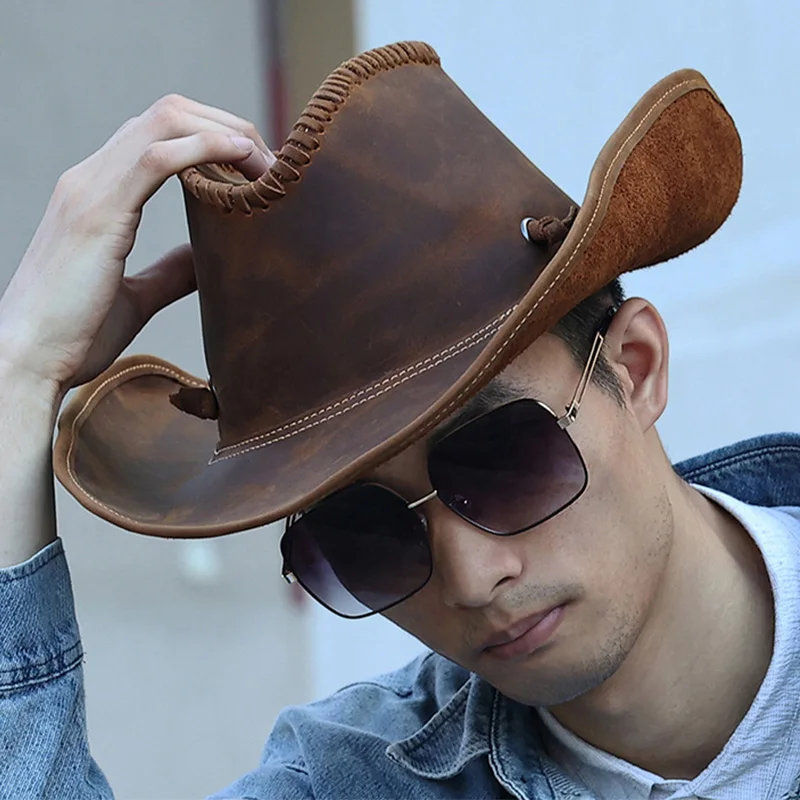 

Cowboy Hats Genuine Cowhide Leather Retro Western Style Wide Brim Sun Hat Men Outdoor Fashion Sun Protection