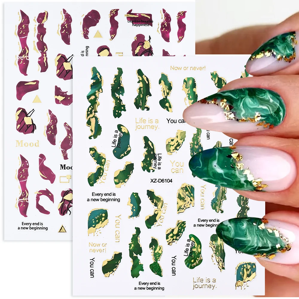 1sheet Green/Purple/Black Gilded Edge Irregular Adhesive Nail Decals Gilded Marble Pattern Nail Art Stickers Manicure Decoration