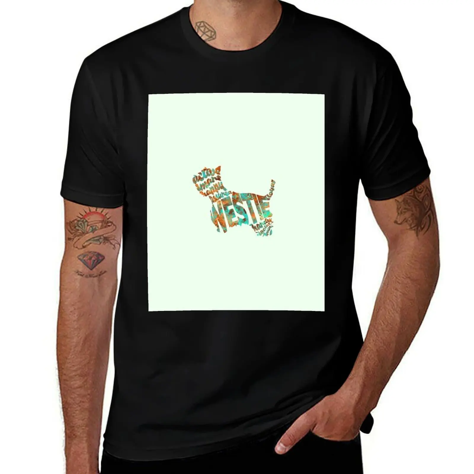 The West Highland White Terrier Typographic Watercolor Painting T-Shirt Classic Crew Neck Cotton T-Shirt