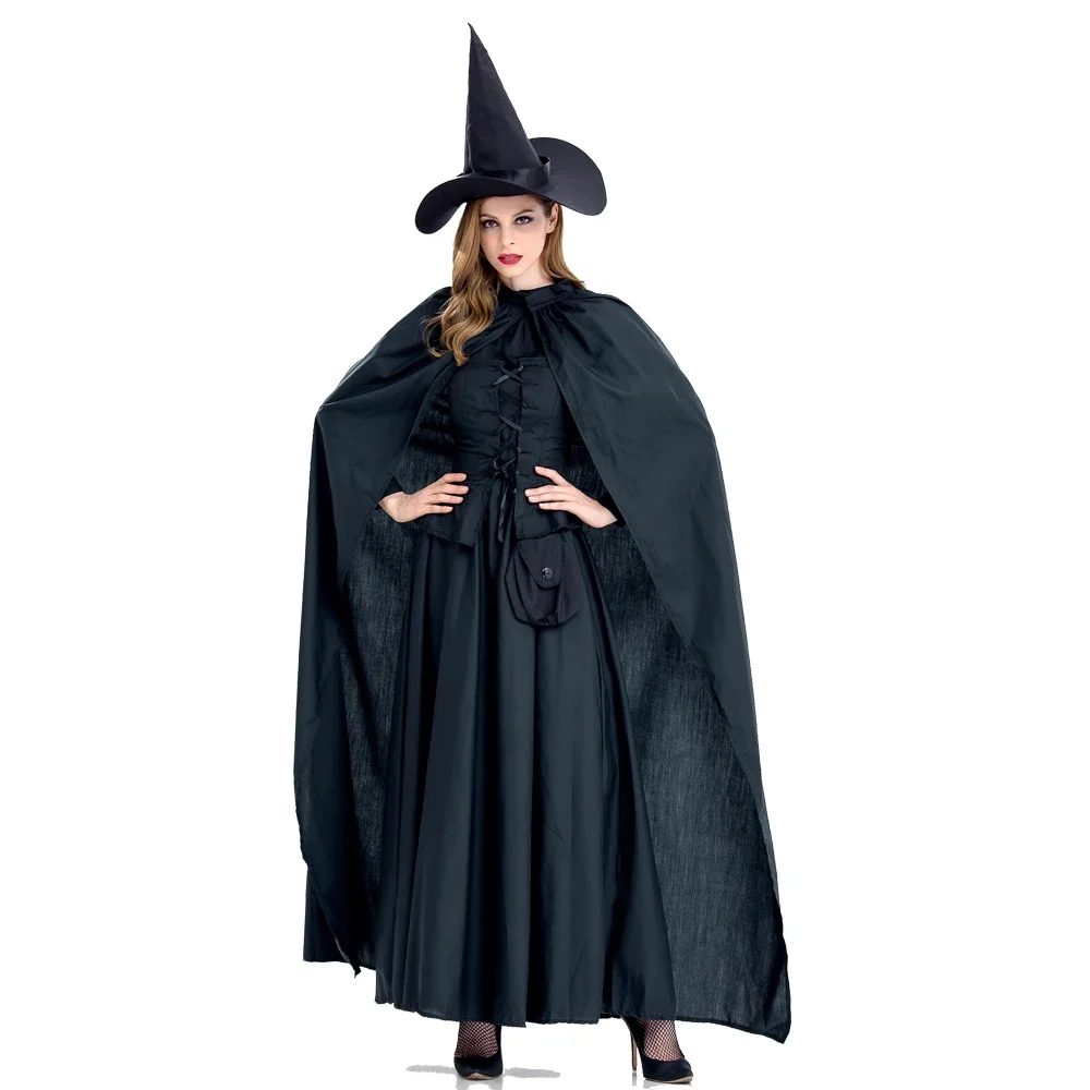 

Adult Women Halloween Witch Gothic Costume Long Robe Dress Black Cosplay Vintage Cloak Fancy Outfit For Girls S-XL Plus Size