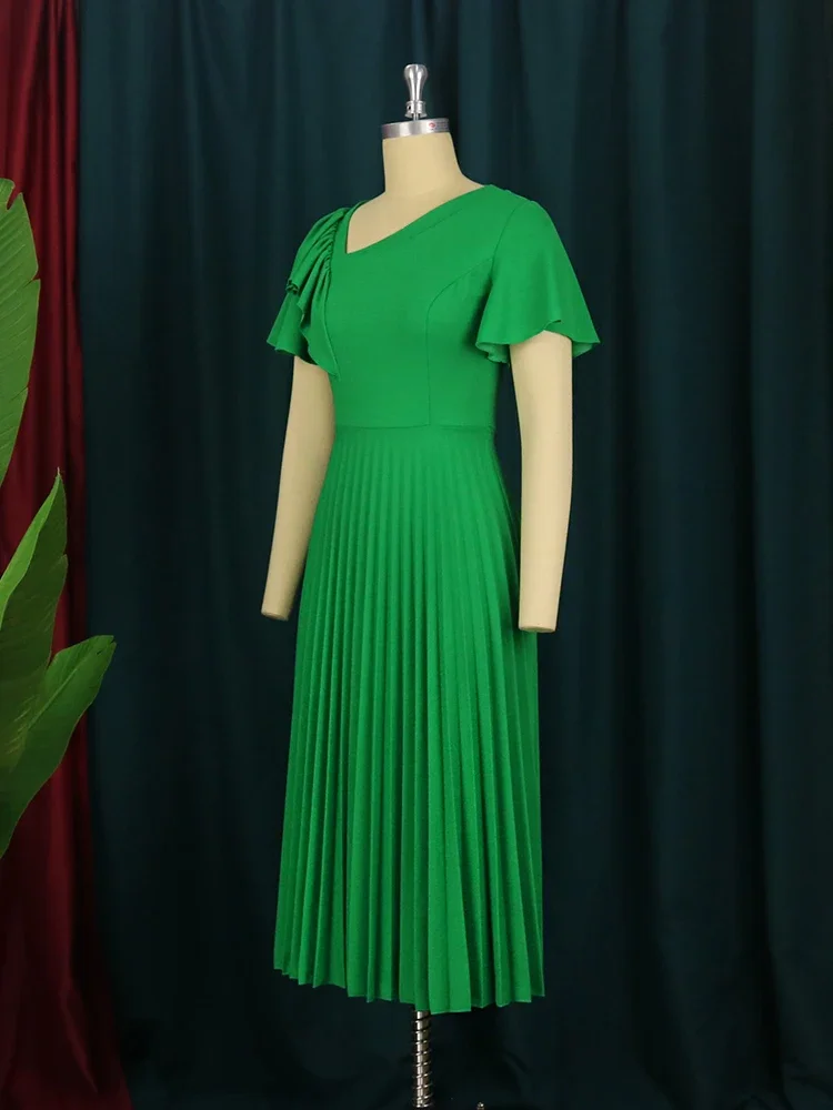 4XL Dresses for Women Plus Size Irregular Short Sleeve High Waist Pleated Green Yellow Office Evening Party Gowns Outfits 2023