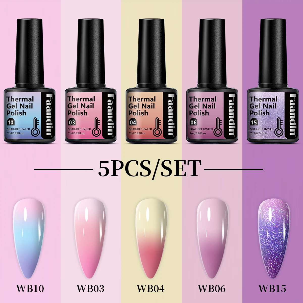 Faandin 5 قطع/مجموعة 7 مل * 5 قطع، تأثير الطلاء السميك أفضل عند تغيير درجة الحرارة، عصرية وملونة، مجموعة طلاء أظافر جل متغيرة درجة الحرارة، هدية مثالية، جل طلاء الأظافر، سهل الإزالة، شراء بالجملة لصالونات الأظافر، جل طلاء الأظافر #4