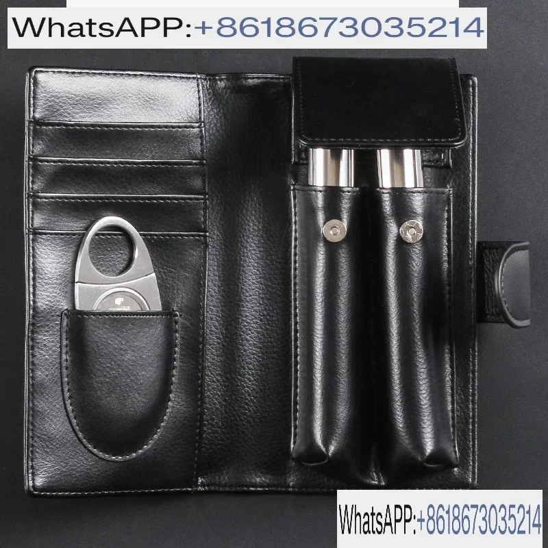 Leather Cigar Case Travel Portable Humidor Holster Holder Cuban Cigar Scissors Accessories Men Gifts W/ 1Cigar Cutter 2Cigar Tub
