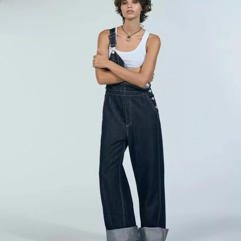 Fall 2024 New Women's Simple Versatile Long Denim Overalls 89729 Commute Sle Vintage Waed Wide Leg l Waist Jeans