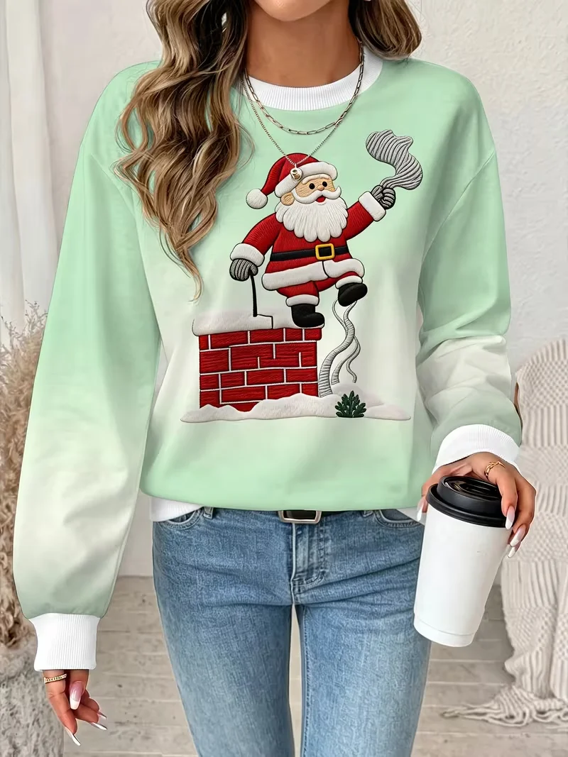 Ladies' autumn winter new long sleeved round neck casual pullover 3D Christmas element Christmas deer printed Pullover Tops