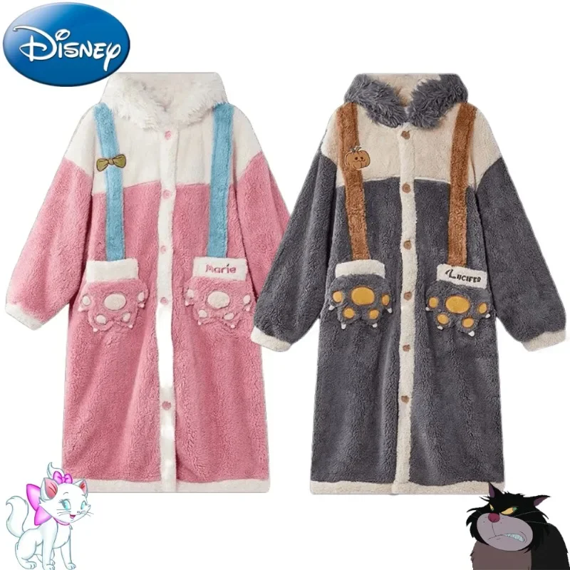 Disney Marie Cat Lucifer Cat Plushes Pajamas Robes for Women Winter Warm Home Hooded Thicken Sleepwear Kawaii Couple Bath Robe