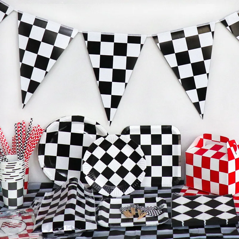 Race Party Theme Party Supplies Black And White Plaid Birthday Party Disposable Paper Cups Paper Plates Party Decorations