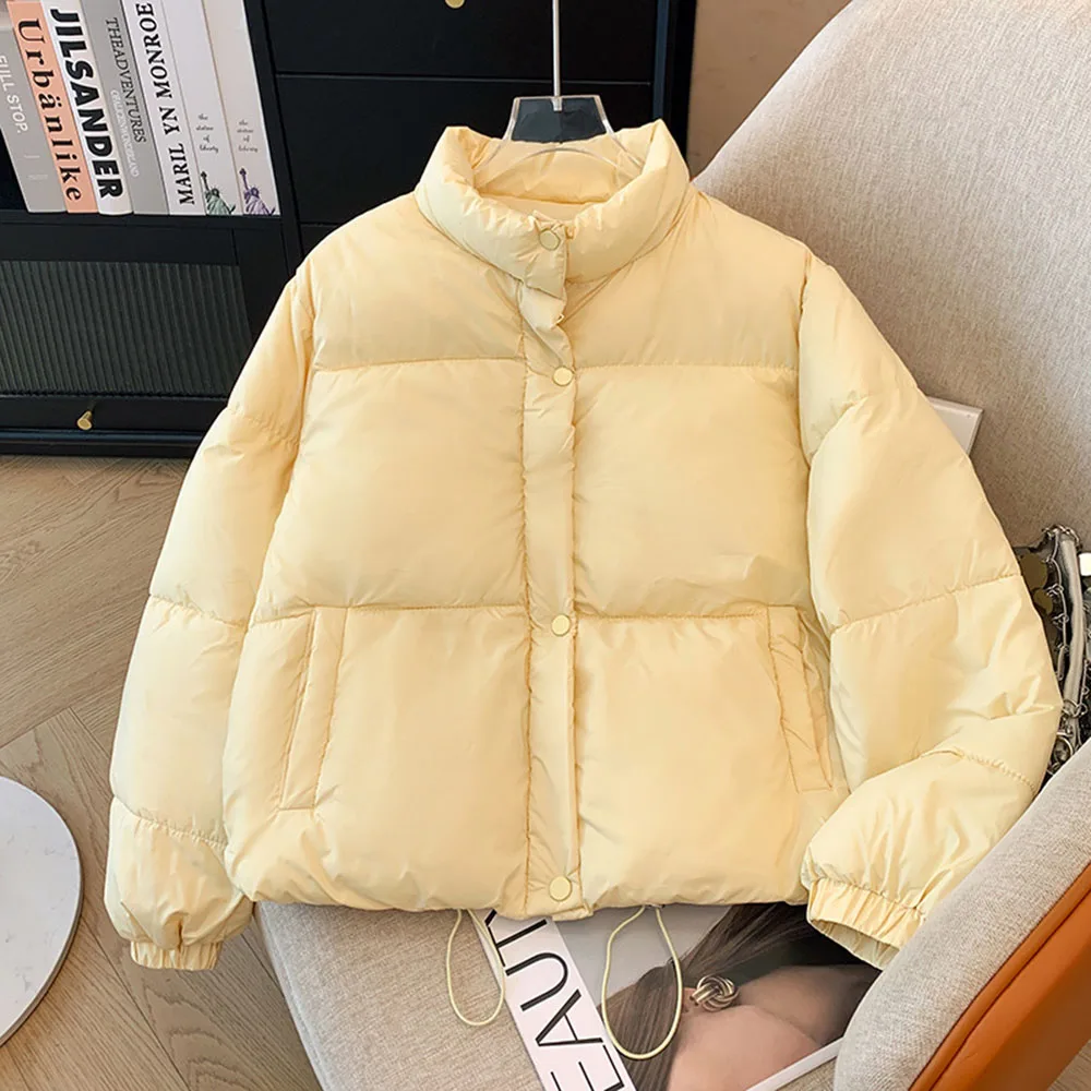 Loose Short Winter Warm Coat Women Solid Color Stand Collar Puffer Jacket Drawstring Hem Casual Daily Wear Windproof Outerwear