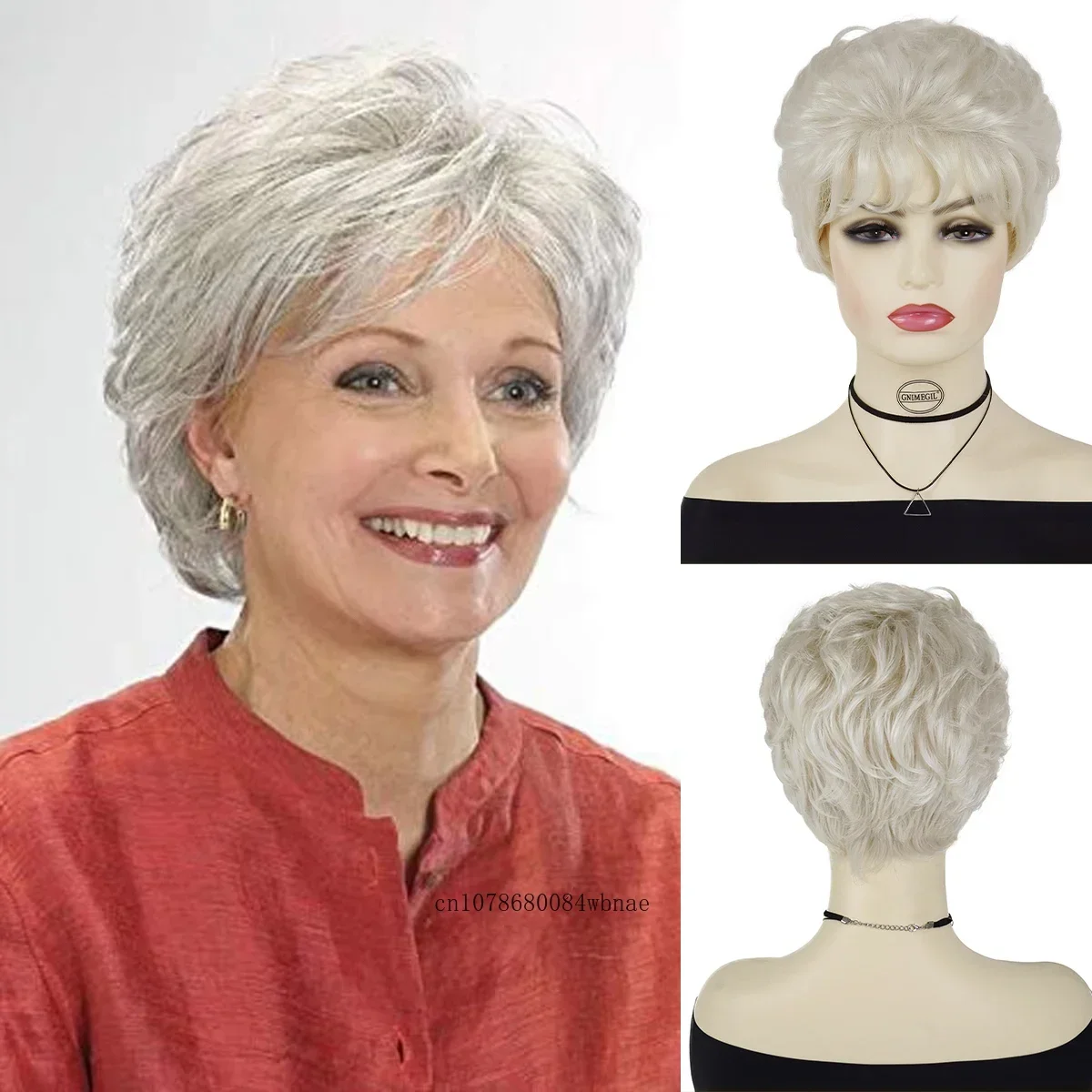 

Synthetic Short Curly Hair White Wigs with Bangs Natural Looking Daily Fluffy Hairstyle Grandma Mommy Gift Wig Cosplay Party Use