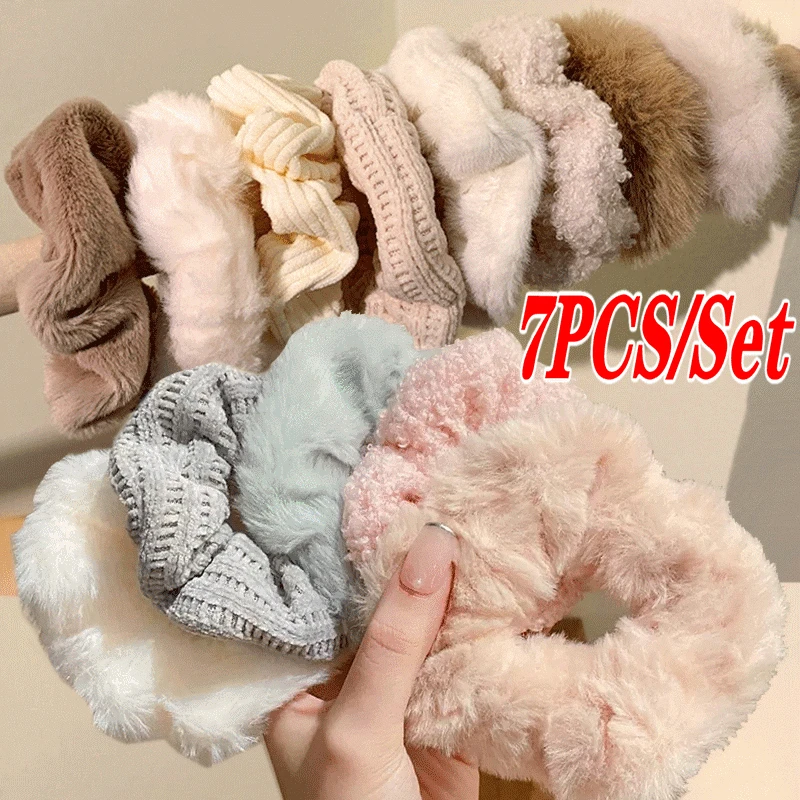 

7PCS Winter Velvet Plush Hair Scrunchie Women Girl Elastic Hair Rubber Band Accessories Tie Hair Ring Rope Headdress Ornaments