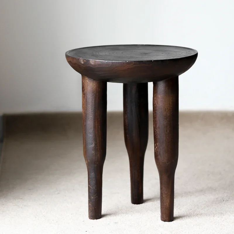 New light luxury retro style hotel home natural solid wood small round stool art creative decorative high stool