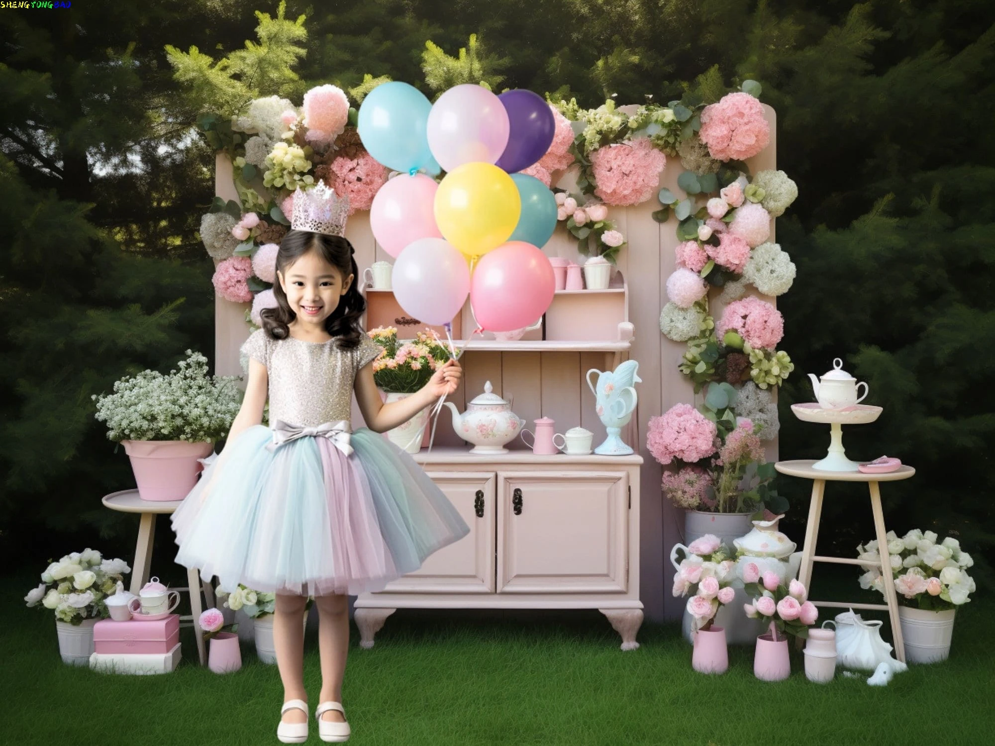 الربيع الشاي حزب خلفيات للتصوير الفوتوغرافي الرقمية مزينة بالبالونات قوس قزح الحيوانات الأطفال عيد ميلاد صورة خلفية VN-01