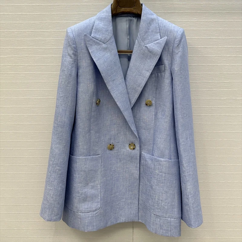 

Высококачественный универсальный льняной двубортный утягивающий костюм в роскошном стиле, женская одежда, повседневный пиджак, пальто 251001129