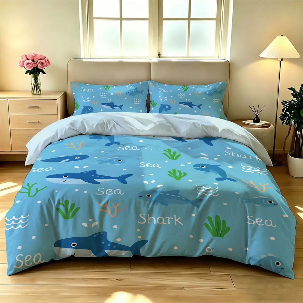 3pcs marine life whale and shark pattern bedding printing set, including 1 bedding cover and 2 pillowcases (without inserts)