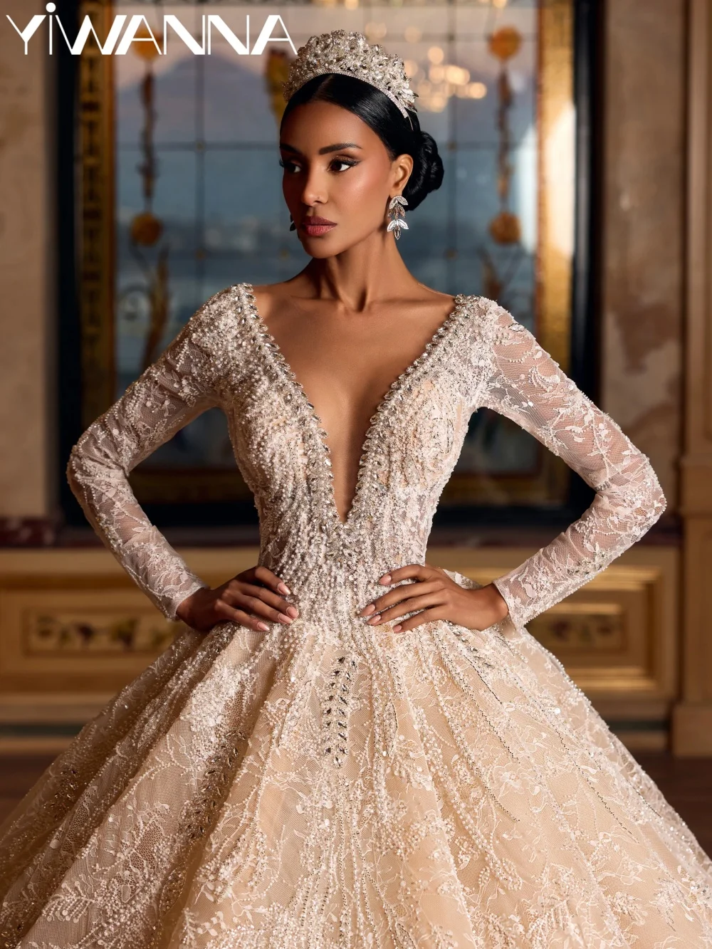 

Light Champagne Beaded Lace Wedding Dress Exquisite Crystal Princess Bridal Gown Customized Glamorous Long Dresses For Bride