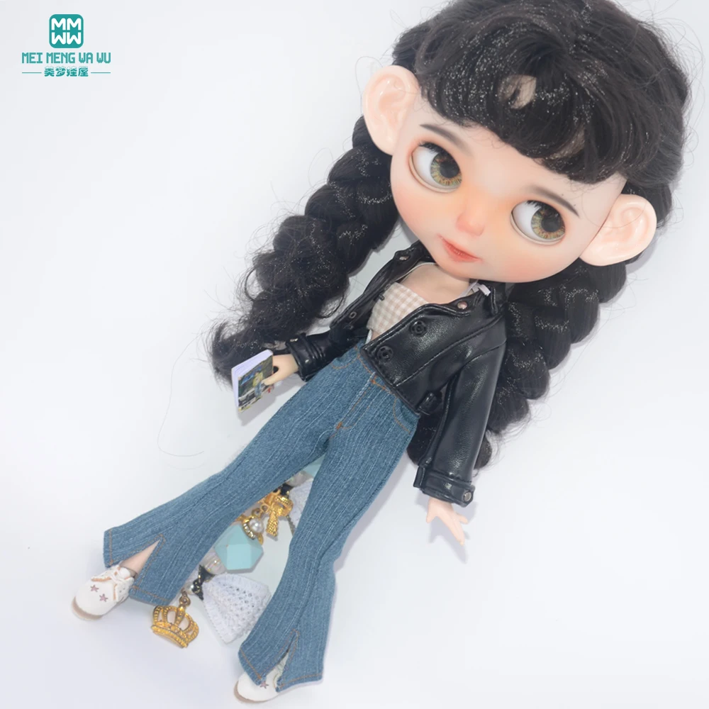 Blyth Puppe Kleidung 28-30cm Azon OB24 Zubehör Mädchen Geschenk Spielzeug Mode Leder Jacke Jeans Ausgestelltes Hosen Rohr top – Detail 1