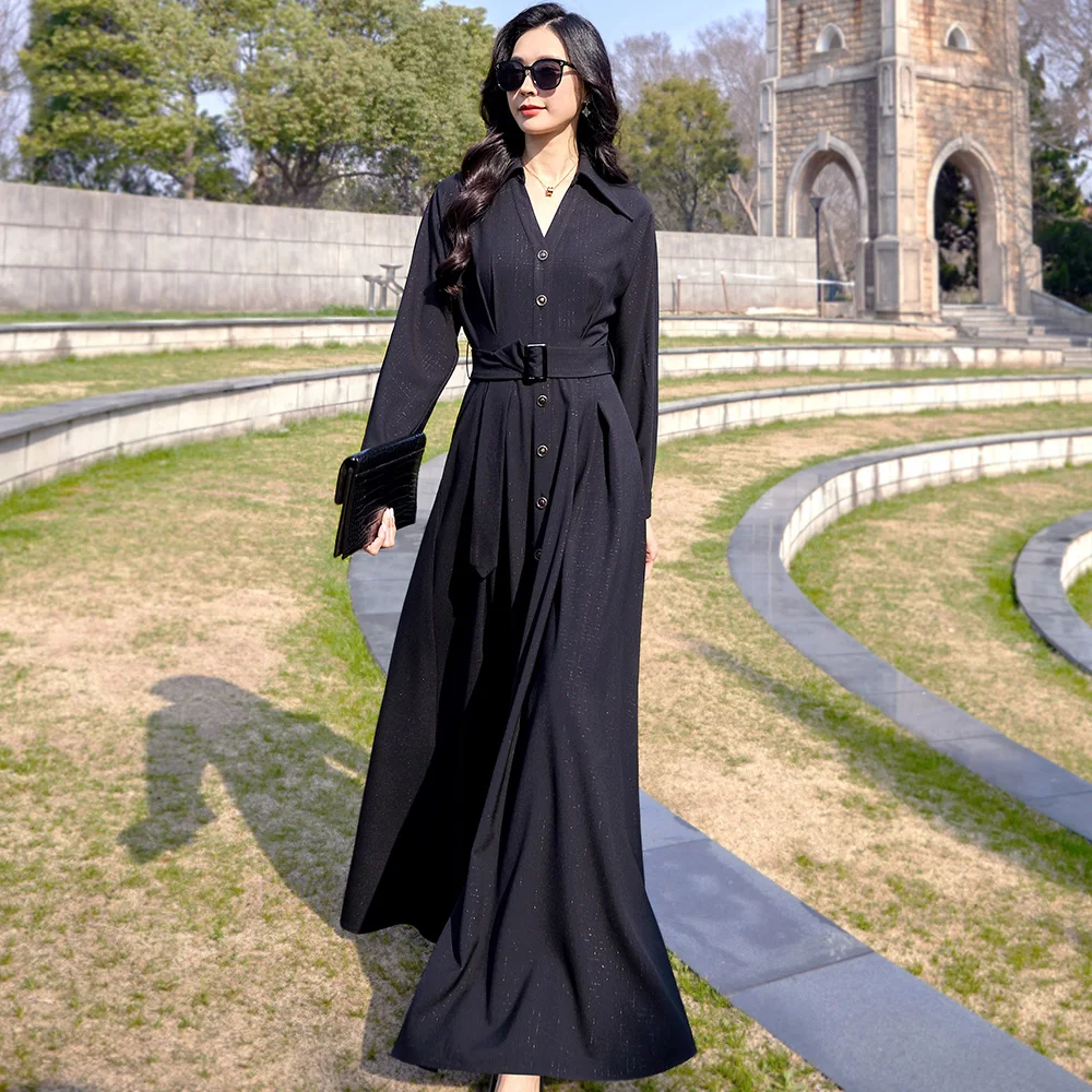 

New Women Spring Autumn Overlength Dress Fashion V-Neck Long Sleeve Bright Silk Black Dress Elegant Slim Waist Long Dress