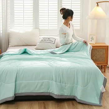 New summer quilt washed cotton blue soft thin comforter solid color short blanket home air conditioning blanket Patchwork 200*230cm