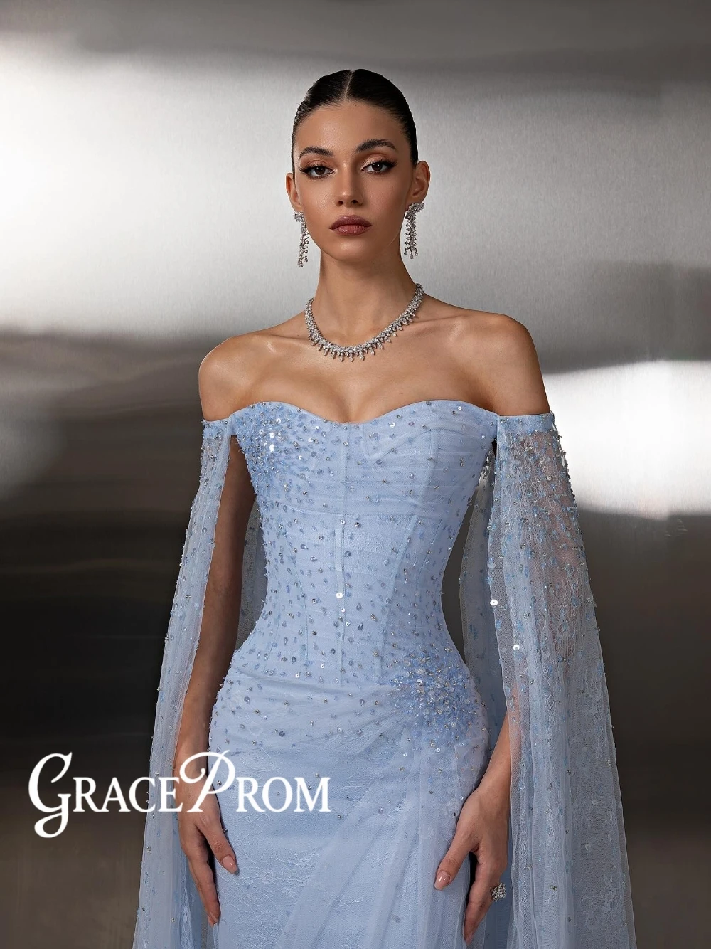

Intricate Beaded Light Blue Evening Dress Customized Classy Lace Mermaid Corset Long Cape Sleeves Prom Gown Women Arabic Wear