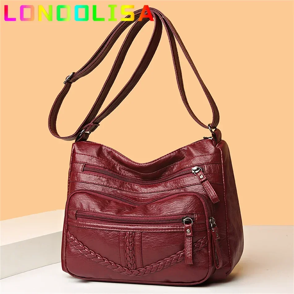 Bolsas vintage de couro macio multi bolso para mulheres, senhoras bolsas de ombro crossbody, bolsas de luxo, alta qualidade, 2024