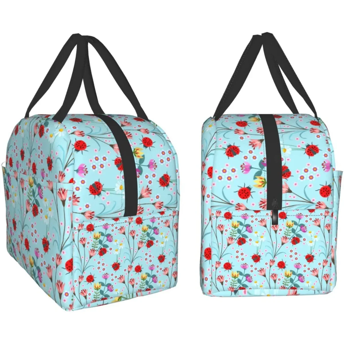 Lady bug with flower Lunch Box Bento Box Insulated Lunch Boxes Reusable Waterproof Lunch Bag With Front Pocket For Office Picnic