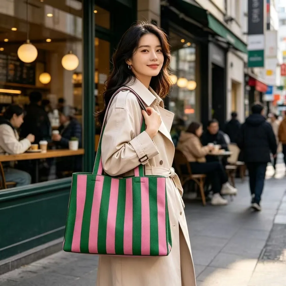 2026 New Bohemian Style Knitted Striped Woven Bag Large Capacity Yarn Handheld Tote Bag view 3
