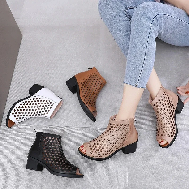 Summer Boots Women Sandals Genuine Leather High Heels Platform Hollow Peep Toe Female Ladies Shoes Zapatos De Mujer