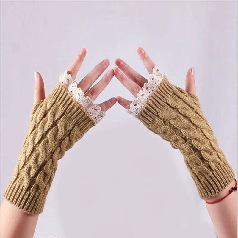 Grenzüberschreitende Wollhandschuhe mit Spitzenbesatz, Ärmelwärmer, warme Winter-Damenhandschuhe im japanischen und koreanischen Stil, gestrickte Halbfingerhandschuhe