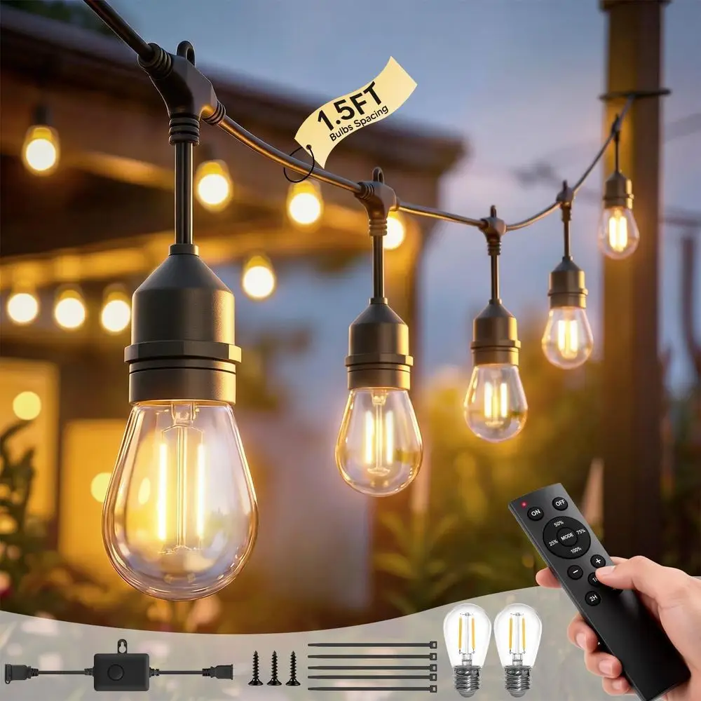 

Outdoor String Lights 50ft, 34 Shatterproof Bulbs 2W, 1.5ft Spacing, IP65 Waterproof, Dimmable with Remote, Heavy-Duty, Includes